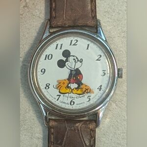 Seiko Brown Leather Strap Watch with Mickey Mouse Dial